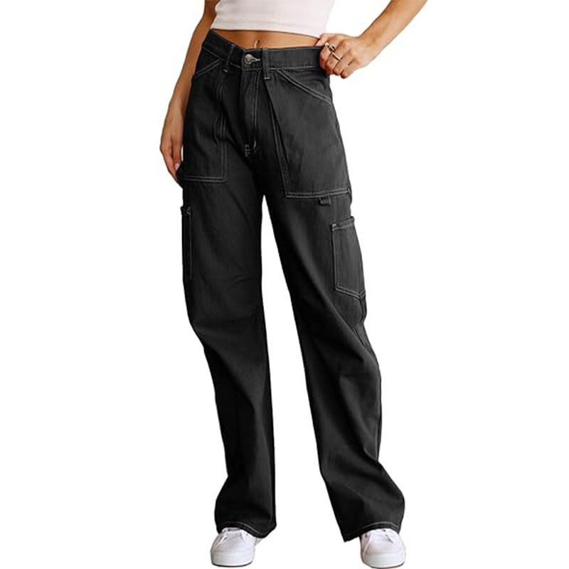 Women's High-Waist Straight-Leg Cargo Pants with Six Pockets