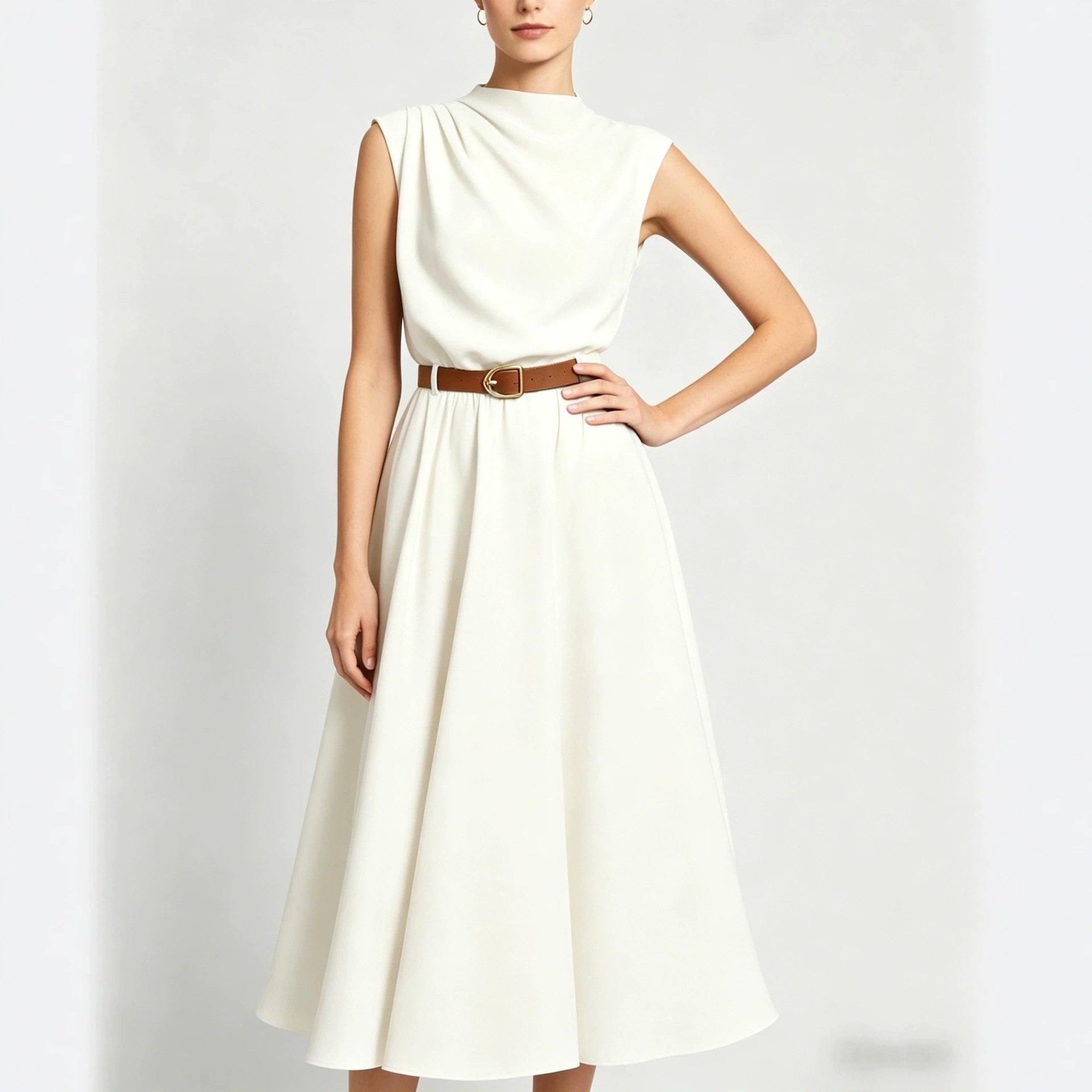 High Neck Sleeveless A-Line Midi Dress with Side Ruching and Belt