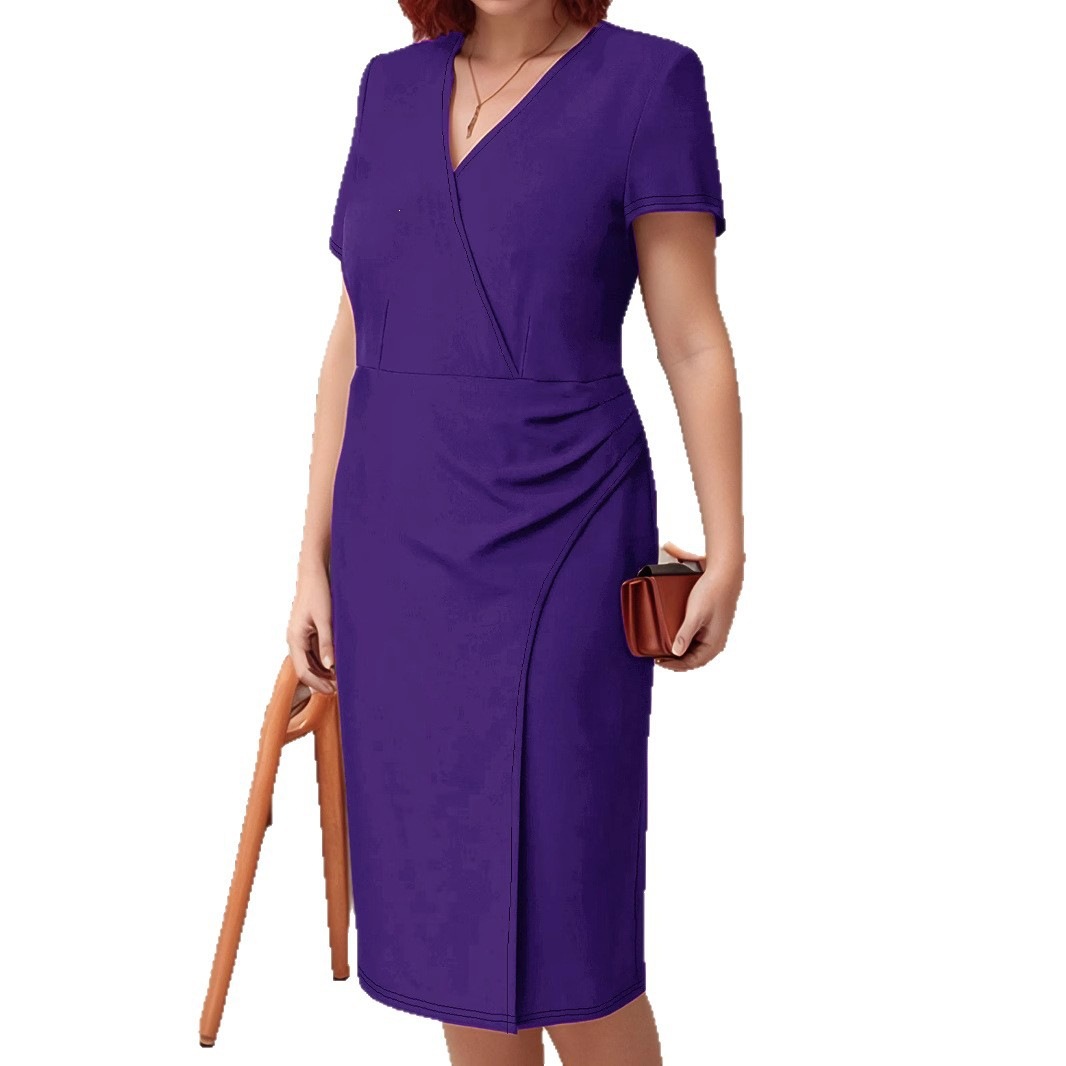 Plus Size V-Neck Slit Bodycon Dress Short Sleeve Twist Front Office Wear