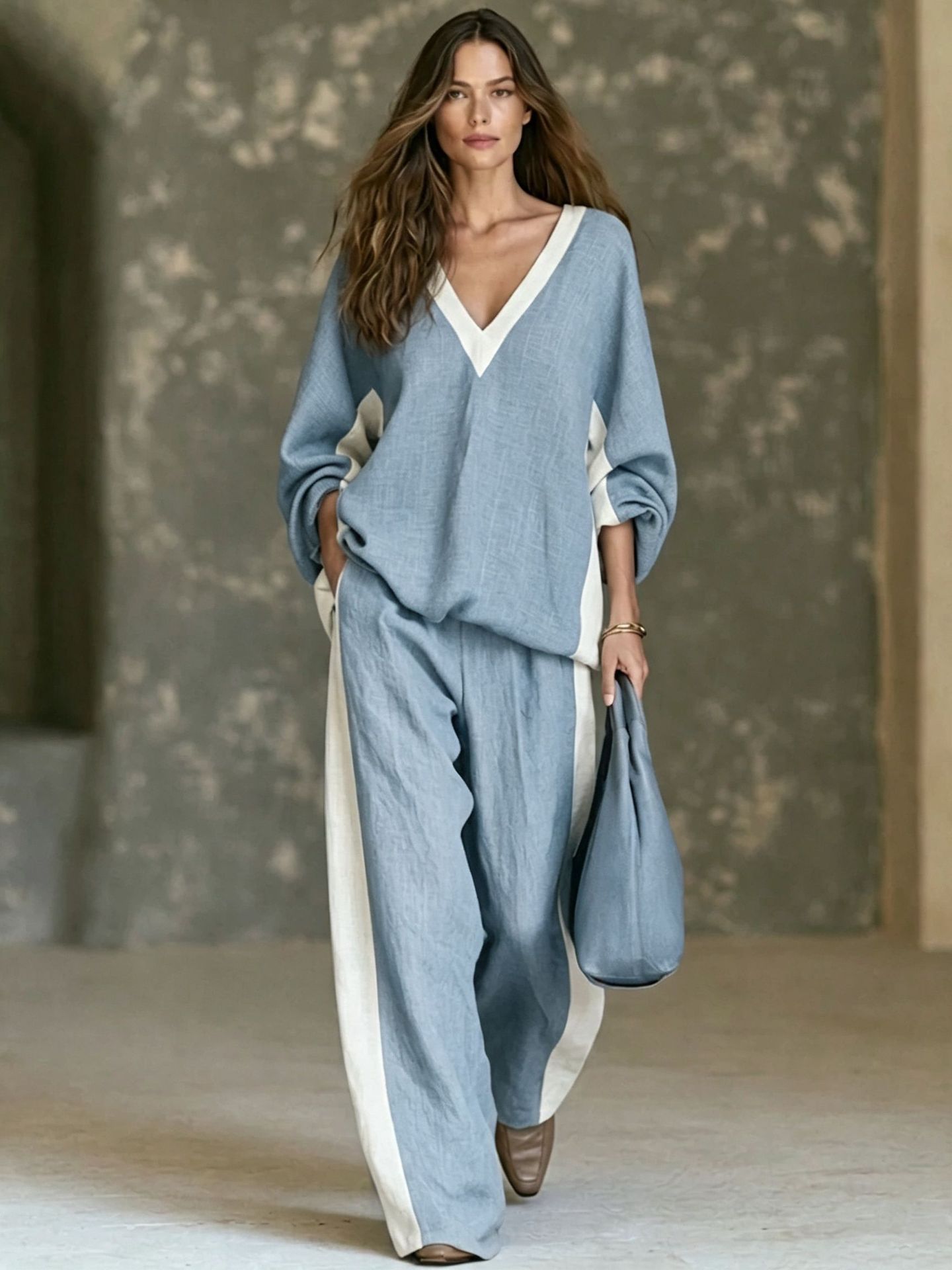 V-Neck Loose Wide-Leg Two-Piece Pants Set