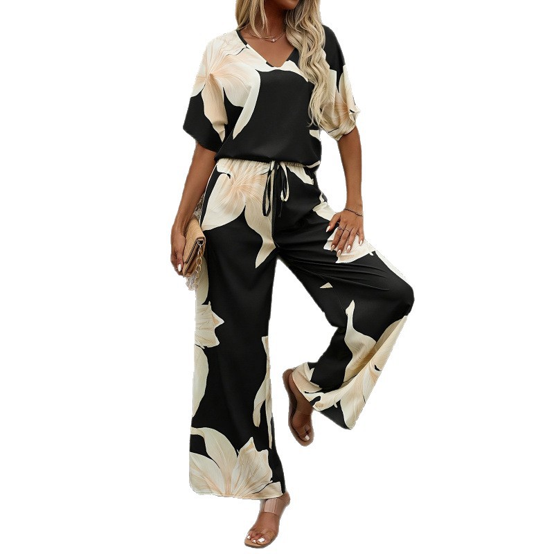Floral Print V-Neck Batwing Sleeve Top and Wide-Leg Pants Two-Piece Set