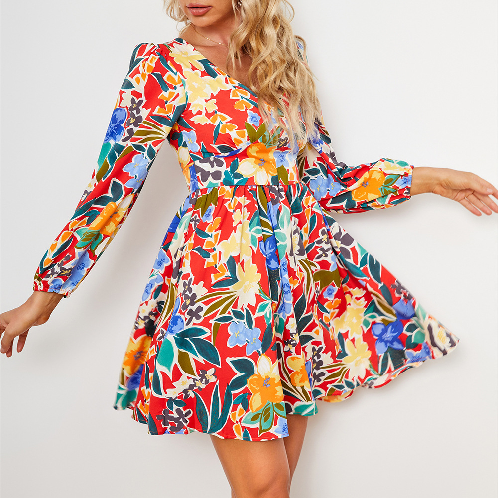 Abstract Print V-Neck Long Sleeve Slim Fit Short Dress