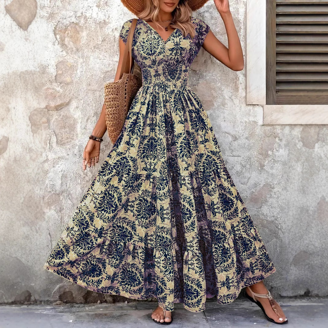 Vintage Floral Print V-Neck Short Sleeve A-Line Maxi Dress