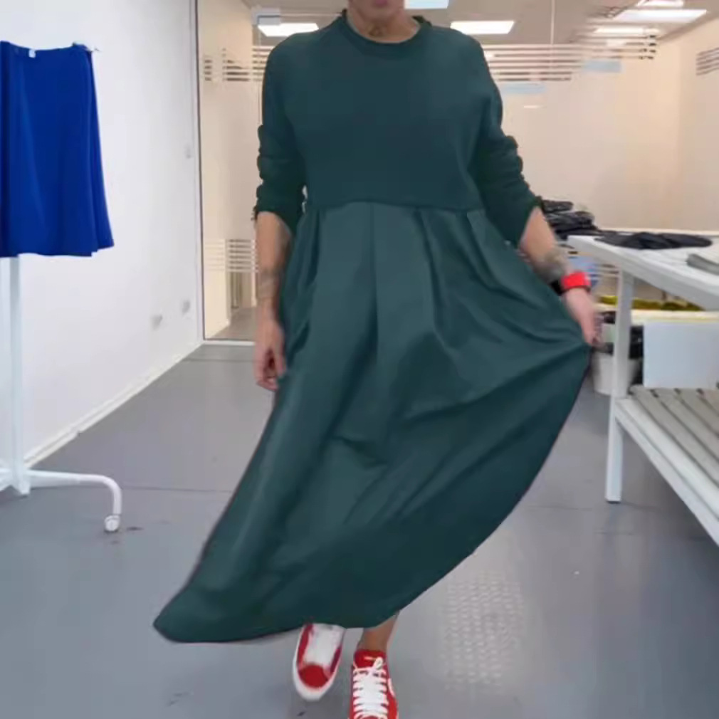 Women's Solid Crewneck Long Sleeve Maxi Dress