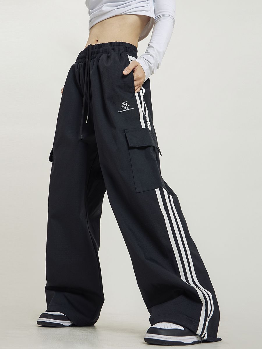 American Retro Side-Stripe Cargo Pants Unisex Straight-Leg Three-Stripe Loose Wide-Leg High-Street Track Pants