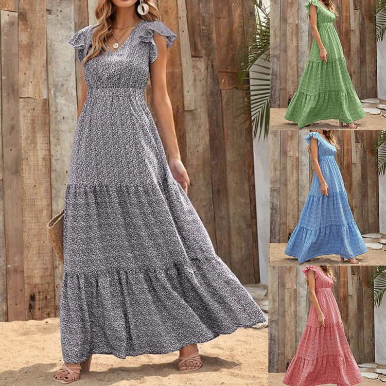 V-Neck High-Waist Floral Print Tiered Short-Sleeve Maxi Dress