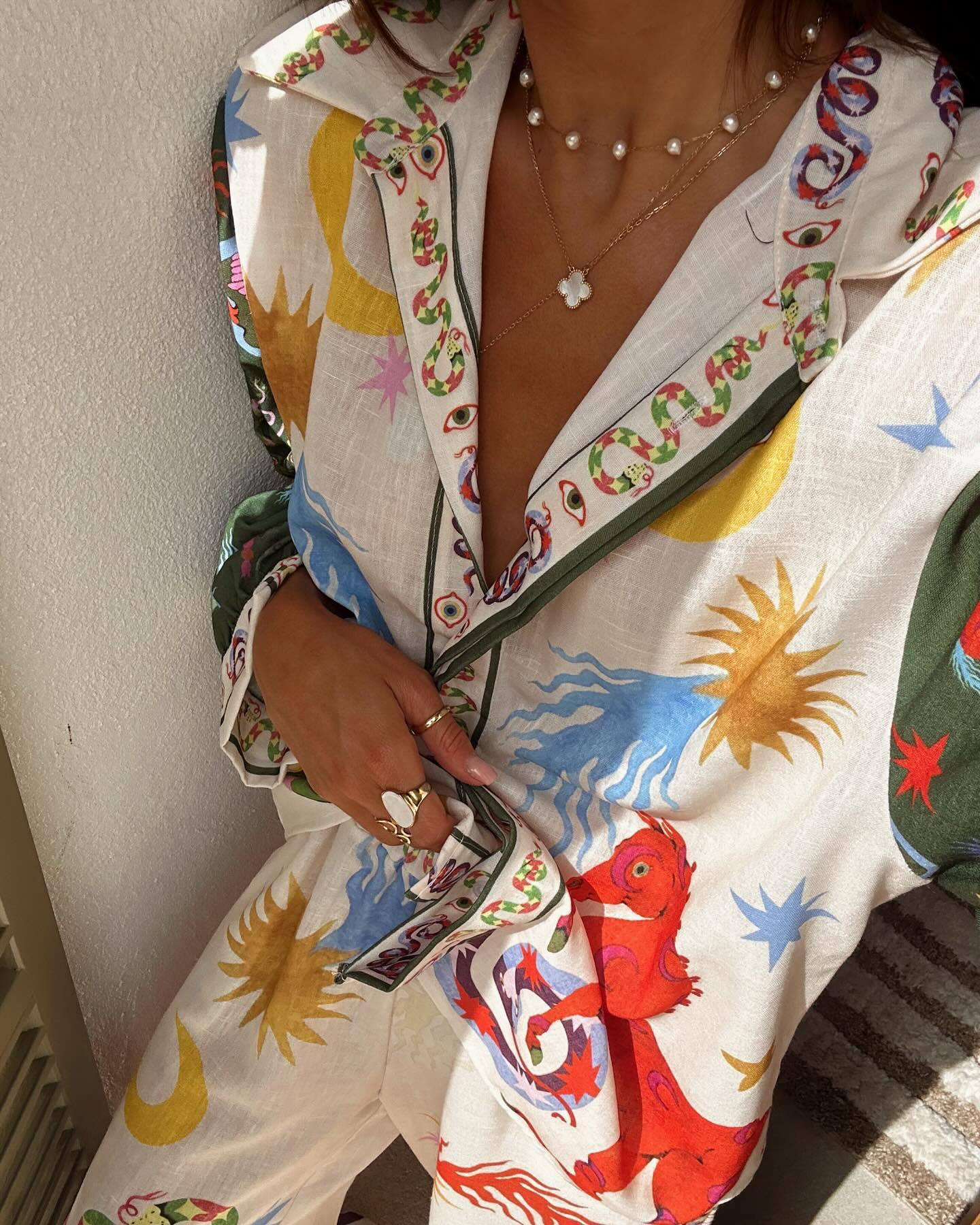 Macaron Print Linen Long-Sleeve Shirt and Pants Set