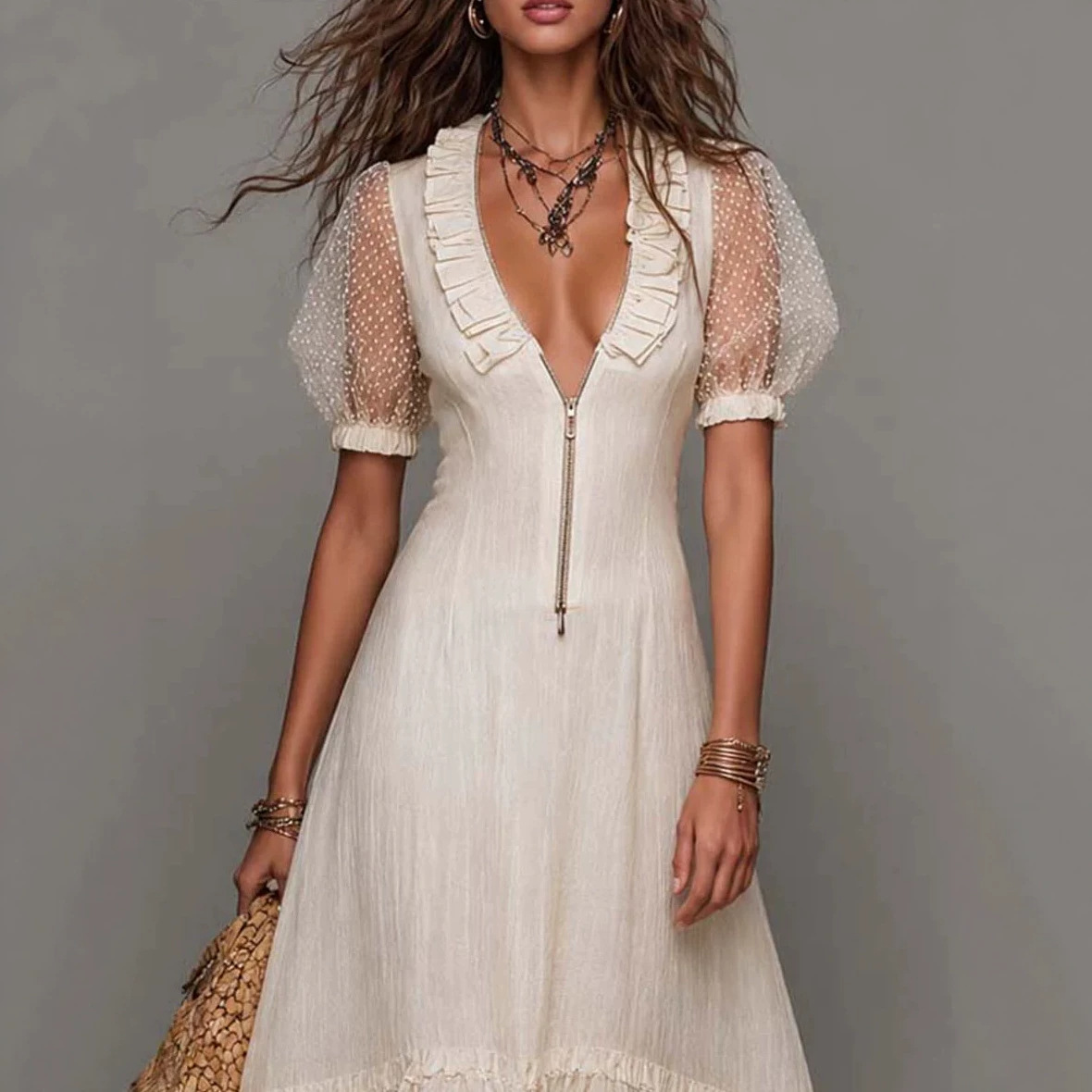 Women's Short Sleeve V-Neck Cinched Waist Zip Ruffle Midi Dress