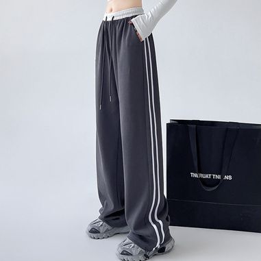 Striped Wide-Leg High-Waist Sweatpants for Women, Loose Straight Korean Style