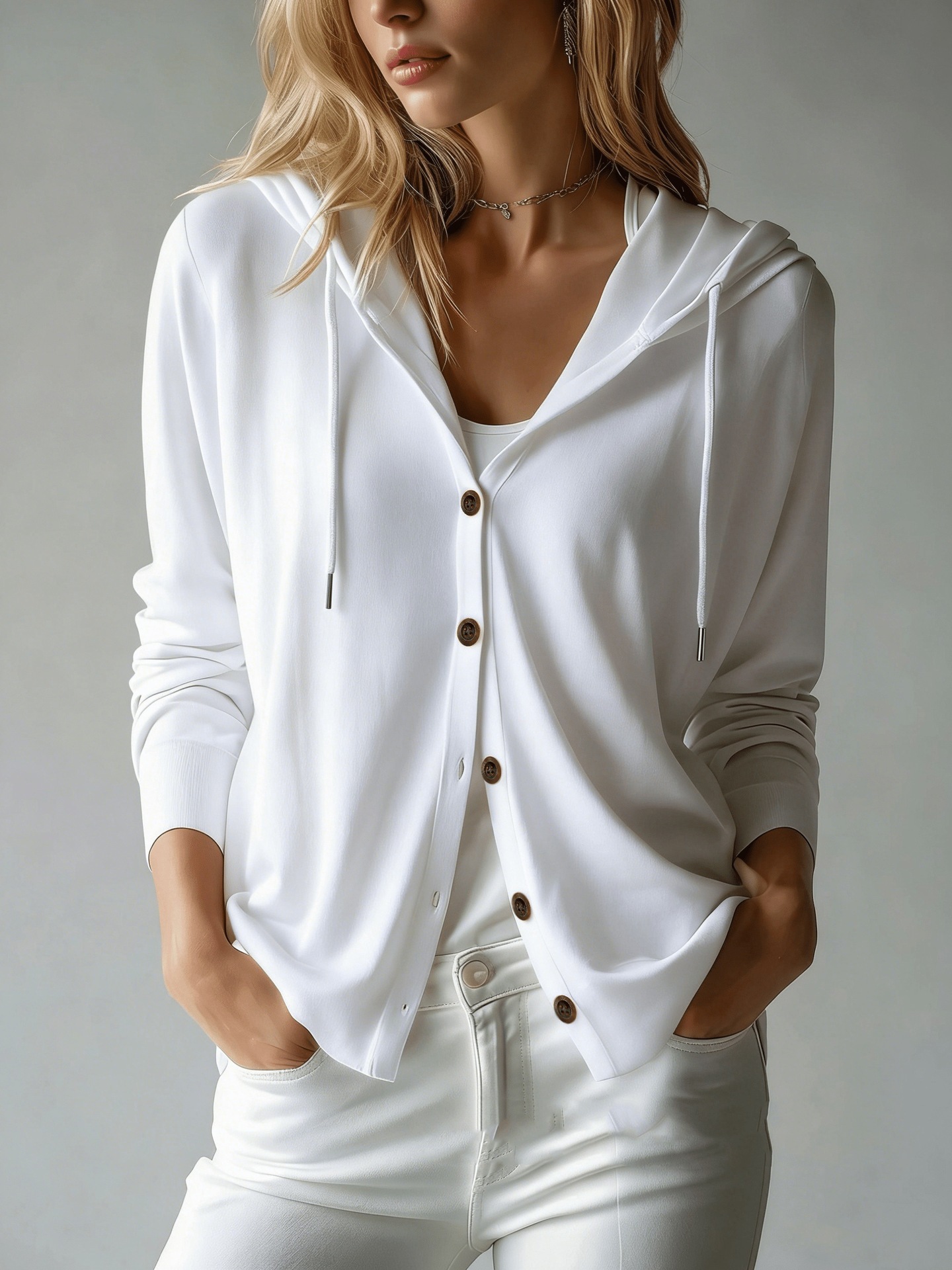 Women's Hooded Knit Cardigan Sweater Solid Color Long Sleeve Loose Fit