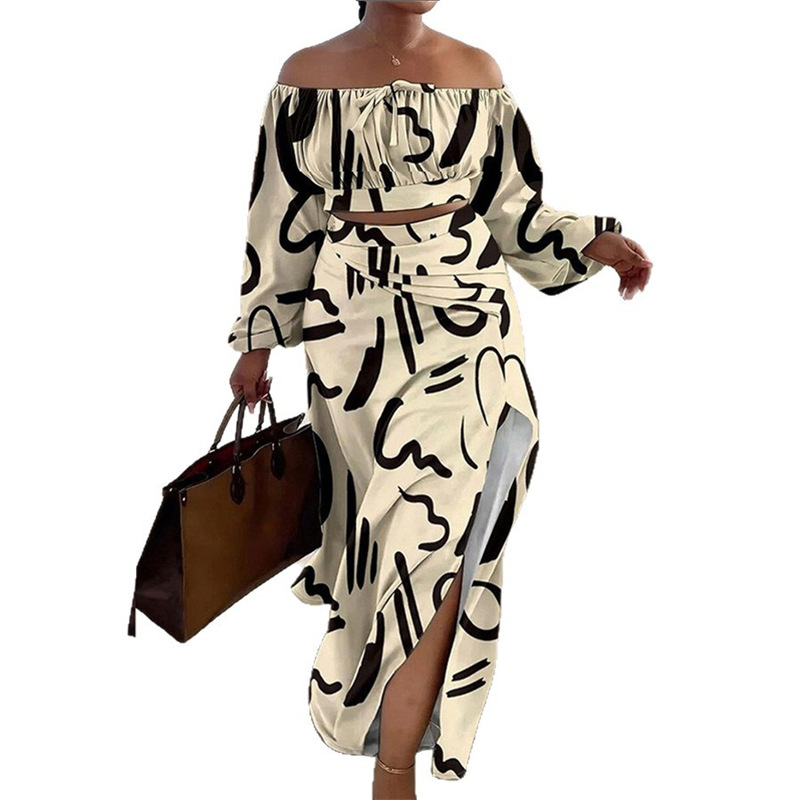Off-Shoulder Slit Dress Set with Printed Top