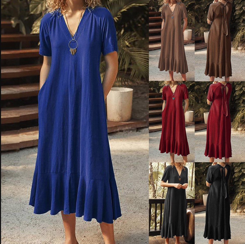 Women's Solid V-Neck Tie Short Sleeve A-Line Long Dress