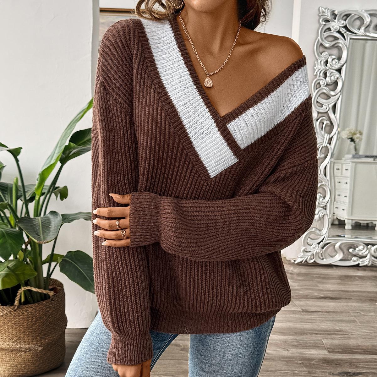 Color-Block V-Neck Loose Knit Pullover Sweater