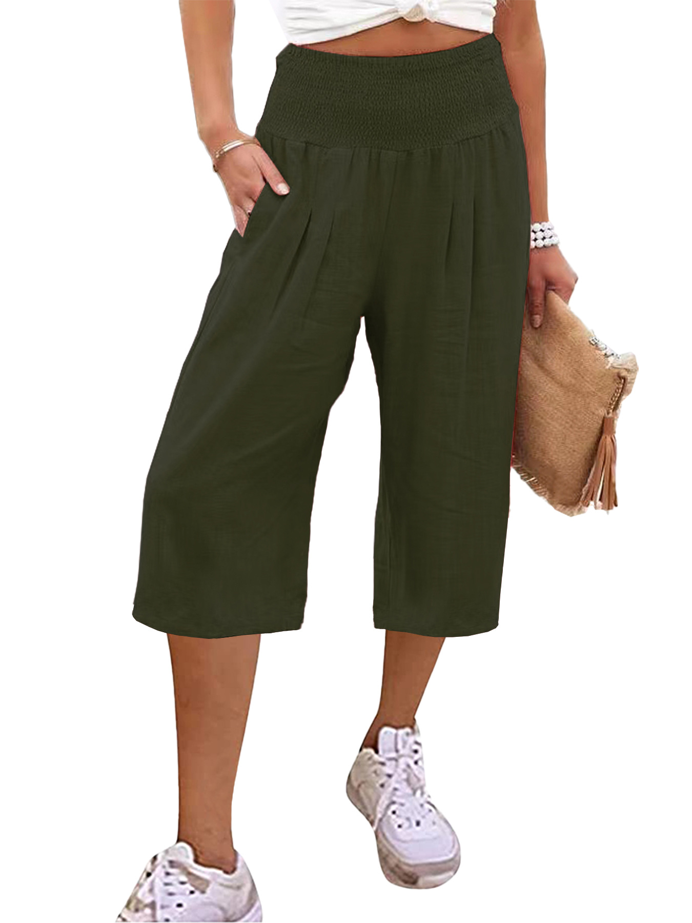 Women's Summer Smocked Wide-Leg Capri Pants Casual Loose Fit