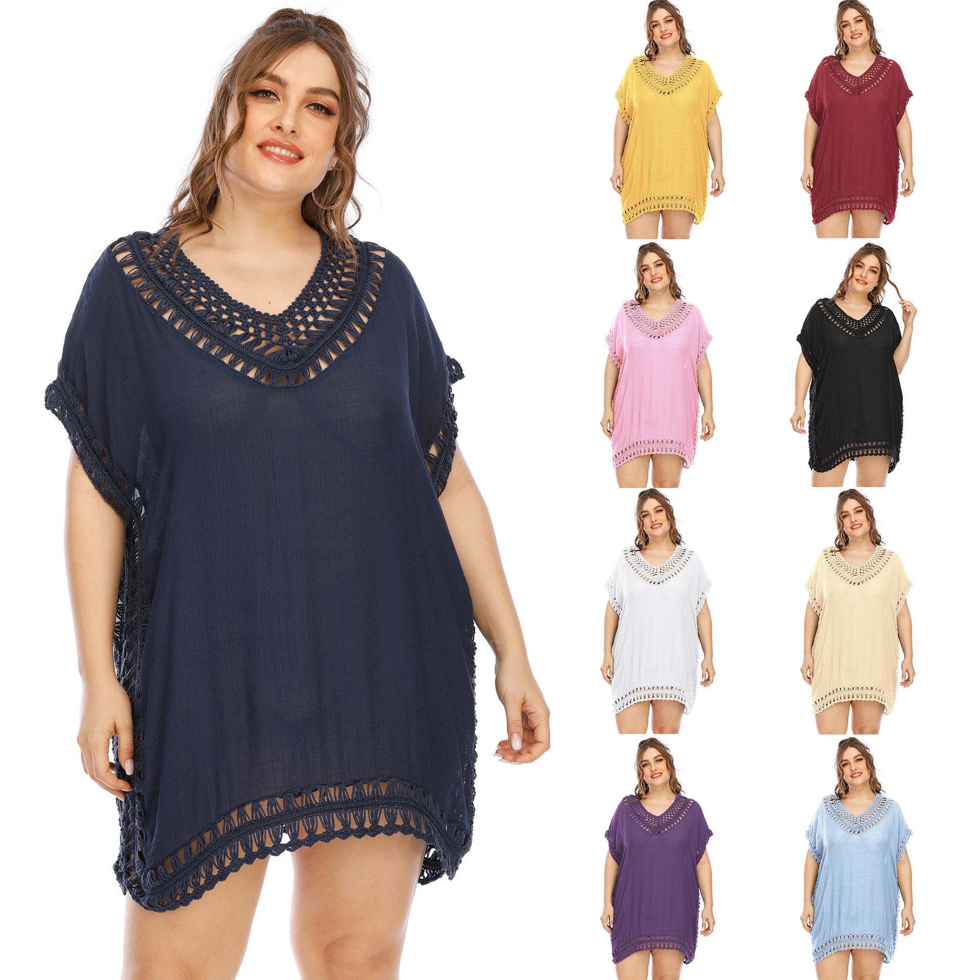 Women's V-Neck Hand-Crochet Hollow-Out Loose Beach Cover-Up Dress