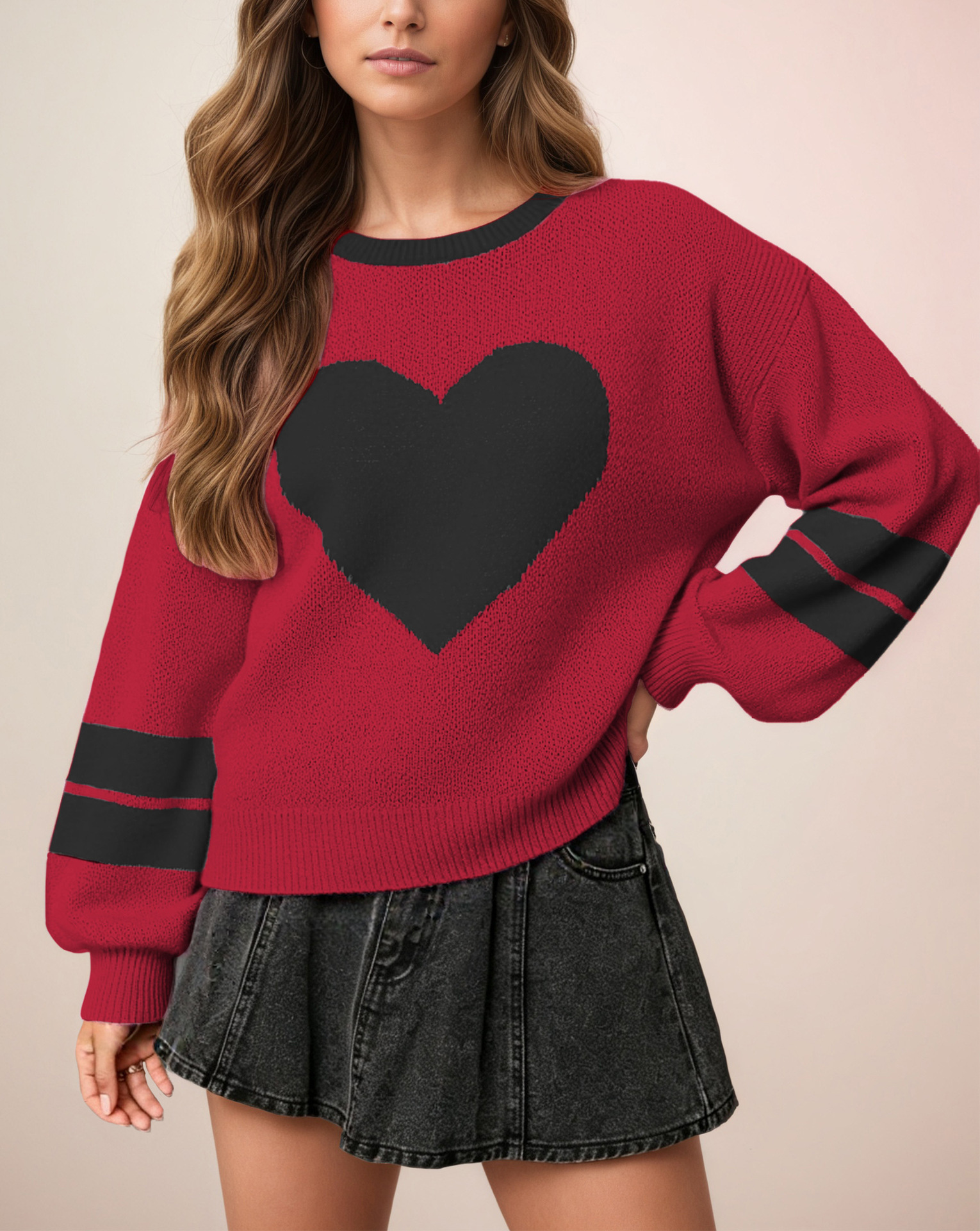 Women's Heart Pullover Sweater Crew Neck Long Sleeve Loose Fit