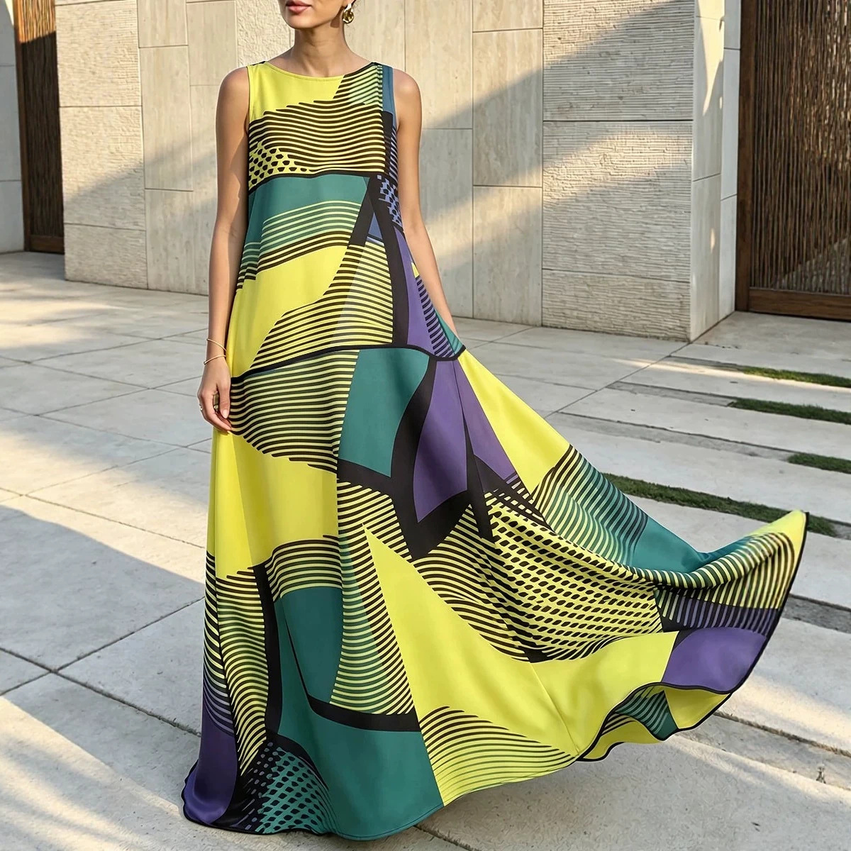 Colorblock Geometric Striped Print Sleeveless Maxi Dress
