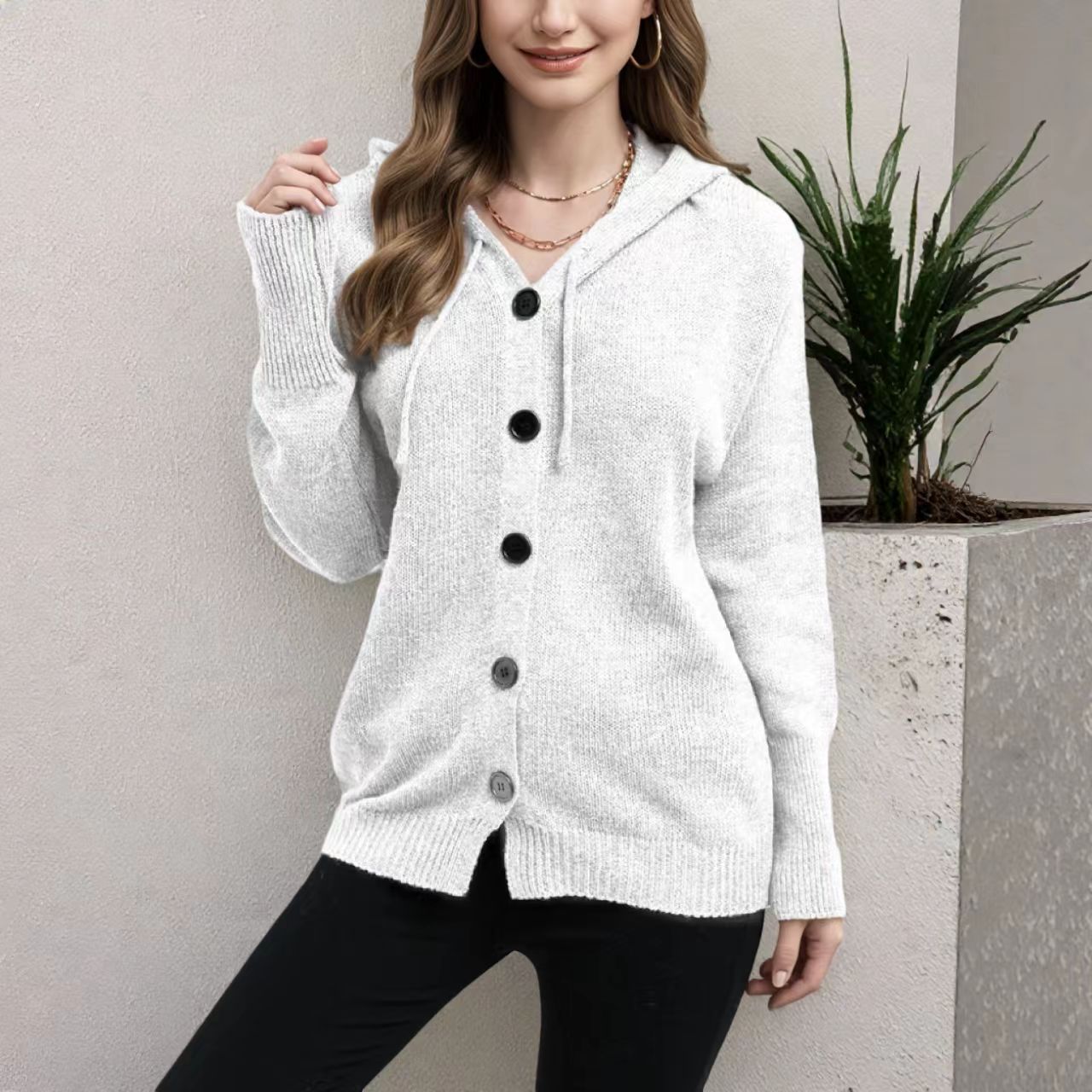 Women's Hooded Button-Front Cardigan Sweater V-Neck Solid Knit