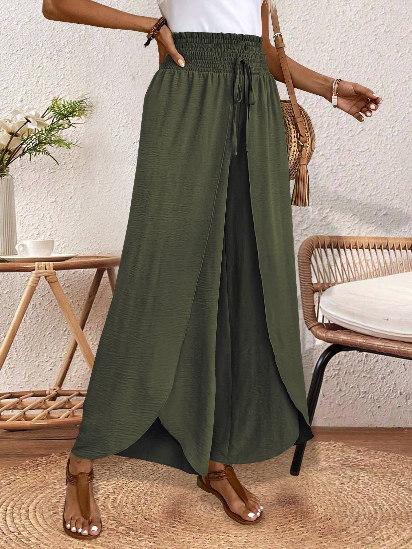 Women's Loose Solid Color Elastic Waist Irregular Wide-Leg Casual Pants