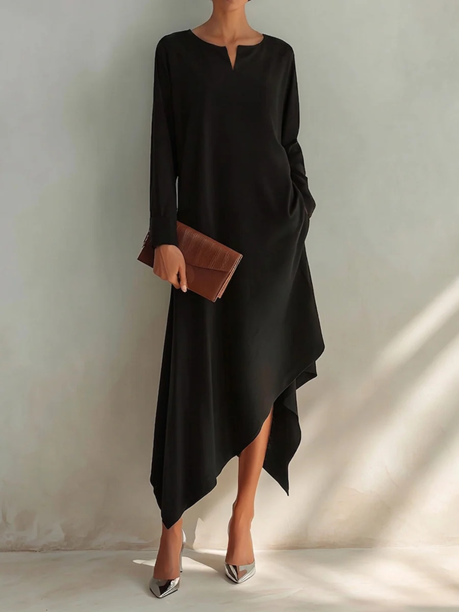 Solid V-Neck Asymmetrical Hem Cotton-Blend Midi Dress