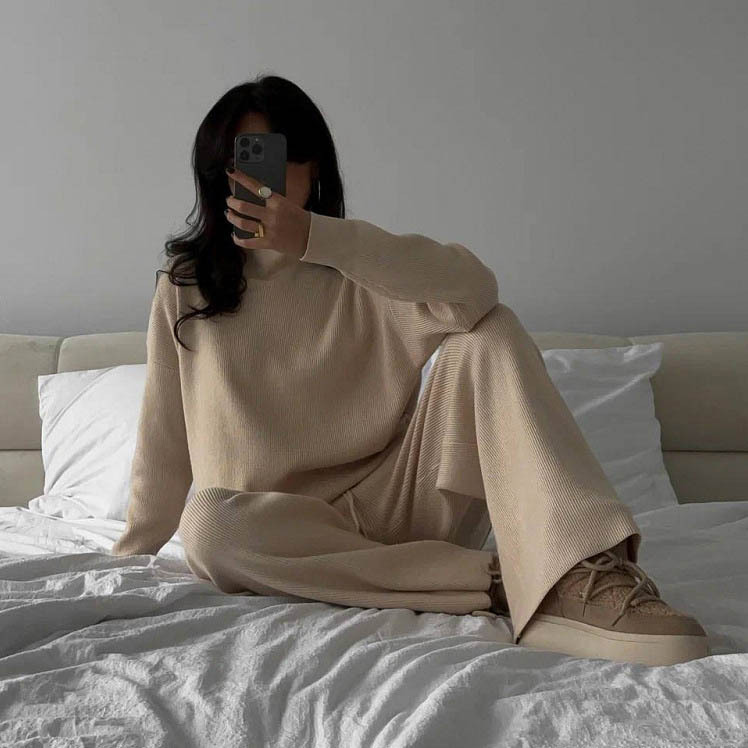 Women's Casual Solid High Neck Knit Long Sleeve Pant Set