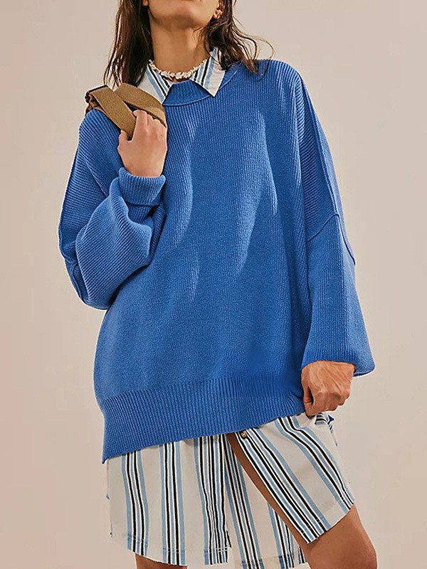 Women's Crewneck Batwing Sleeve Side Slit Loose Knit Sweater