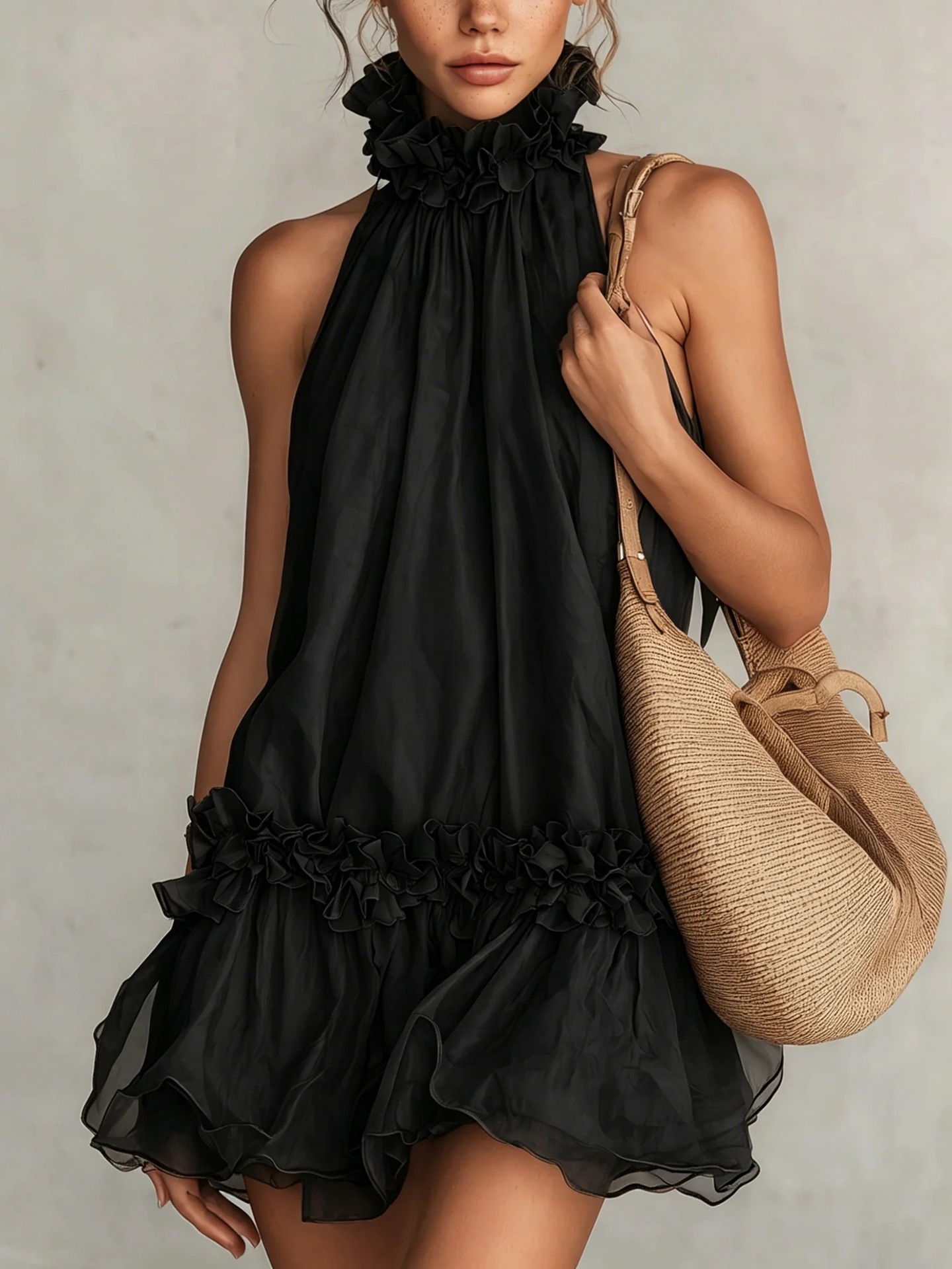 Black Halter Sleeveless Chiffon Mini Dress with Ruffle Trim
