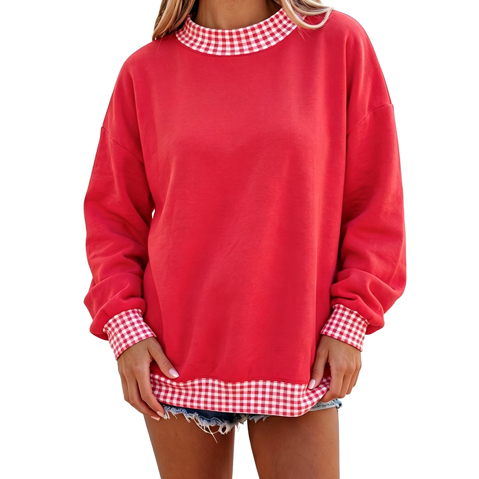 Retro Women's Colorblock Raglan Sleeve Midi Sweatshirt Red Plaid White