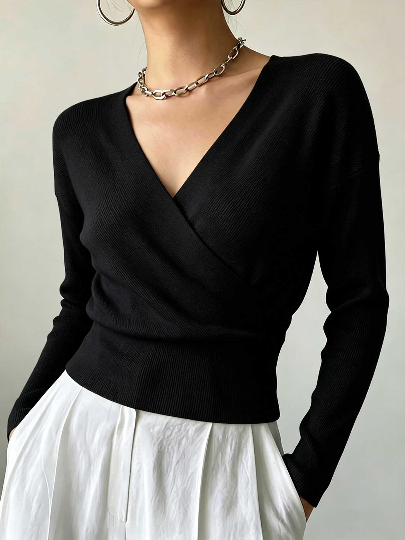 Women's Long Sleeve Cross V-Neck Knit Sweater Slimming Solid Color