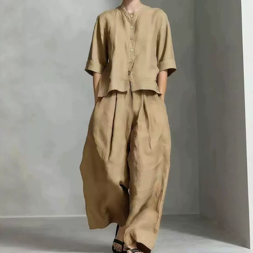 Women's Casual Solid Cotton-Linen Shirt and Loose Pants Two-Piece Set