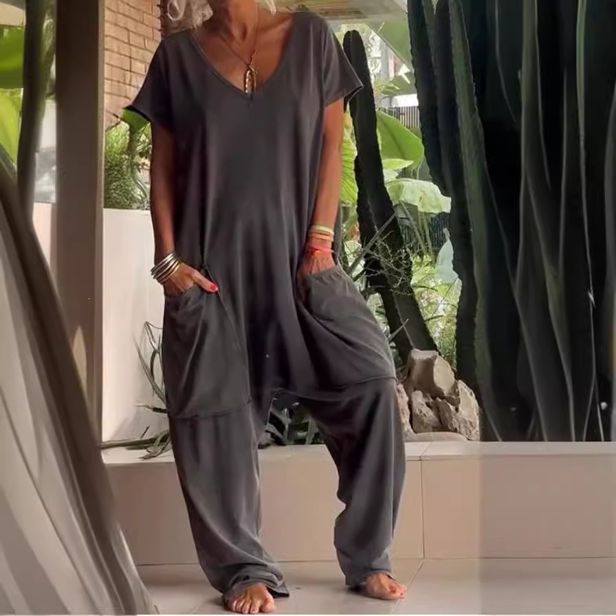 Relaxed Deep V-Neck Short Sleeve Wide-Leg Jumpsuit with Pockets