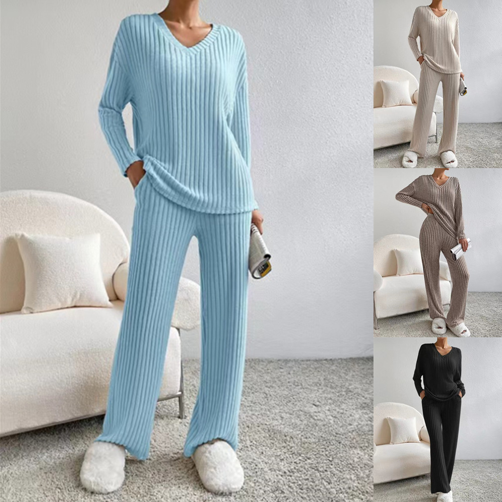 Women's Two-Piece Ribbed Knit Set V-Neck Top & Straight-Leg Pants