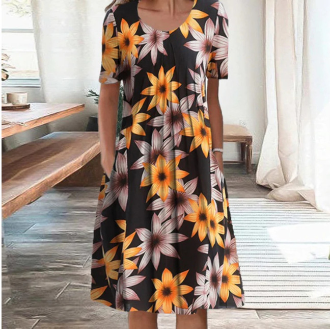 Plus Size Floral Print Short Sleeve Round Neck Midi Dress