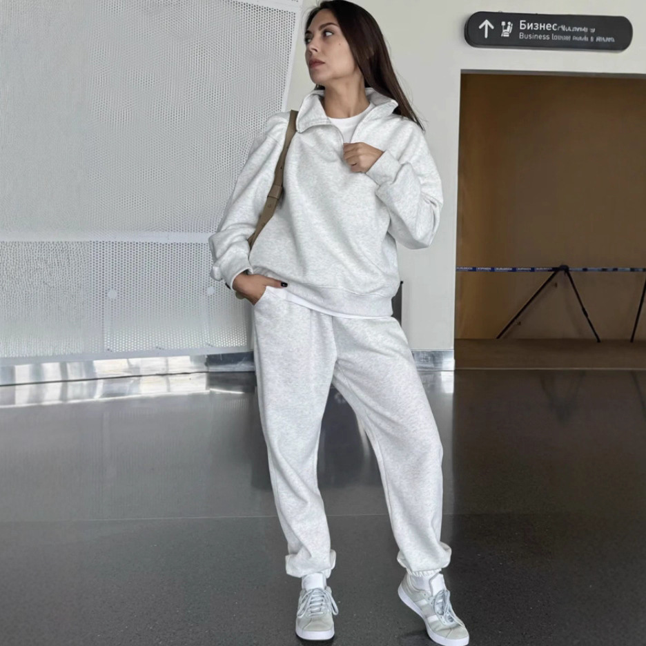 Half-Open Collar Long Sleeve Oversize Hoodie and Drawstring Sweatpants Set