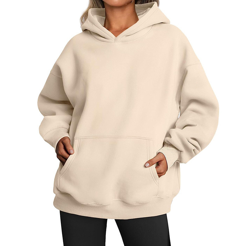 Women's Fleece-Lined Hooded Sweatshirt, Cotton Blend, Loose Fit, Solid Color