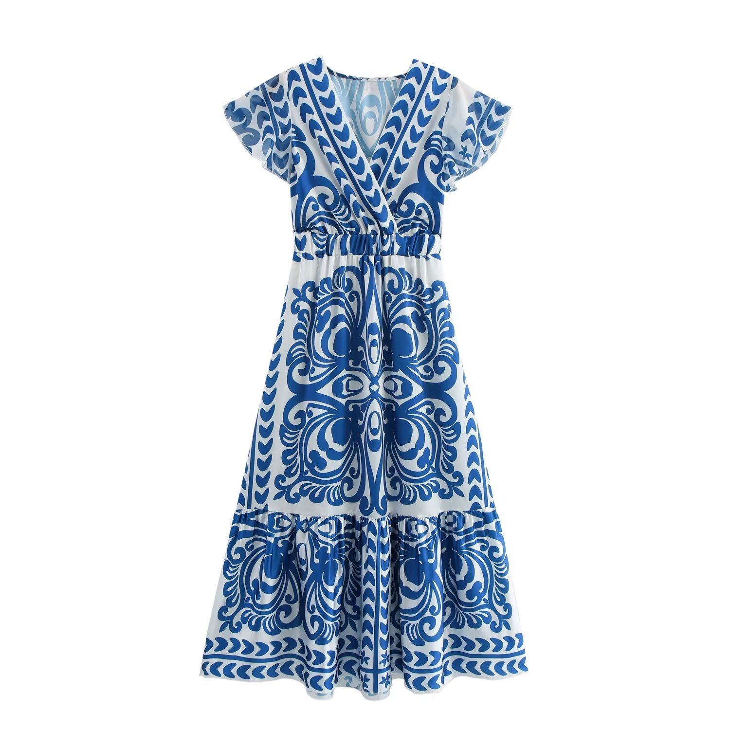 V-Neck Print Long Dress Sleeveless High Waist A-Line Blue