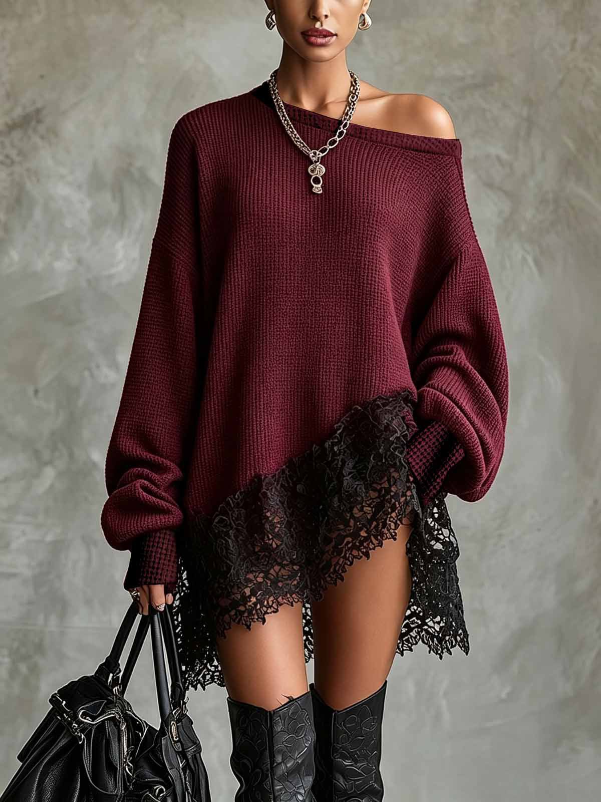 Women's Asymmetric Neck Lantern Sleeve Lace Panel Dress