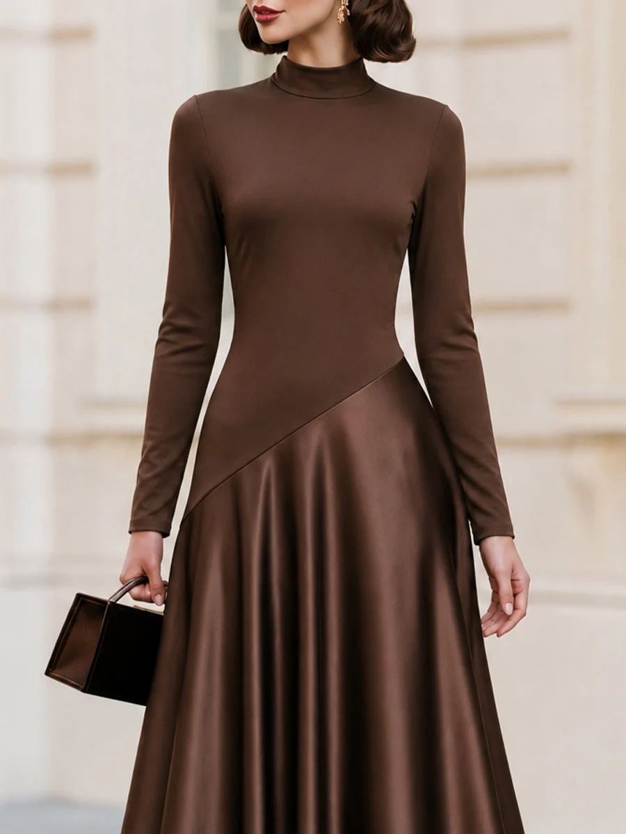 Brown Satin Paneled Long Sleeve Mock Neck High Waist Maxi Dress