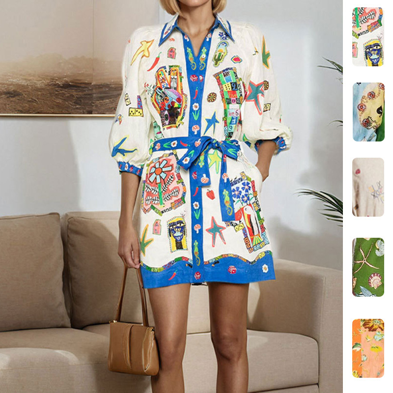 Women's Printed Collared Tie-Front Short Dress