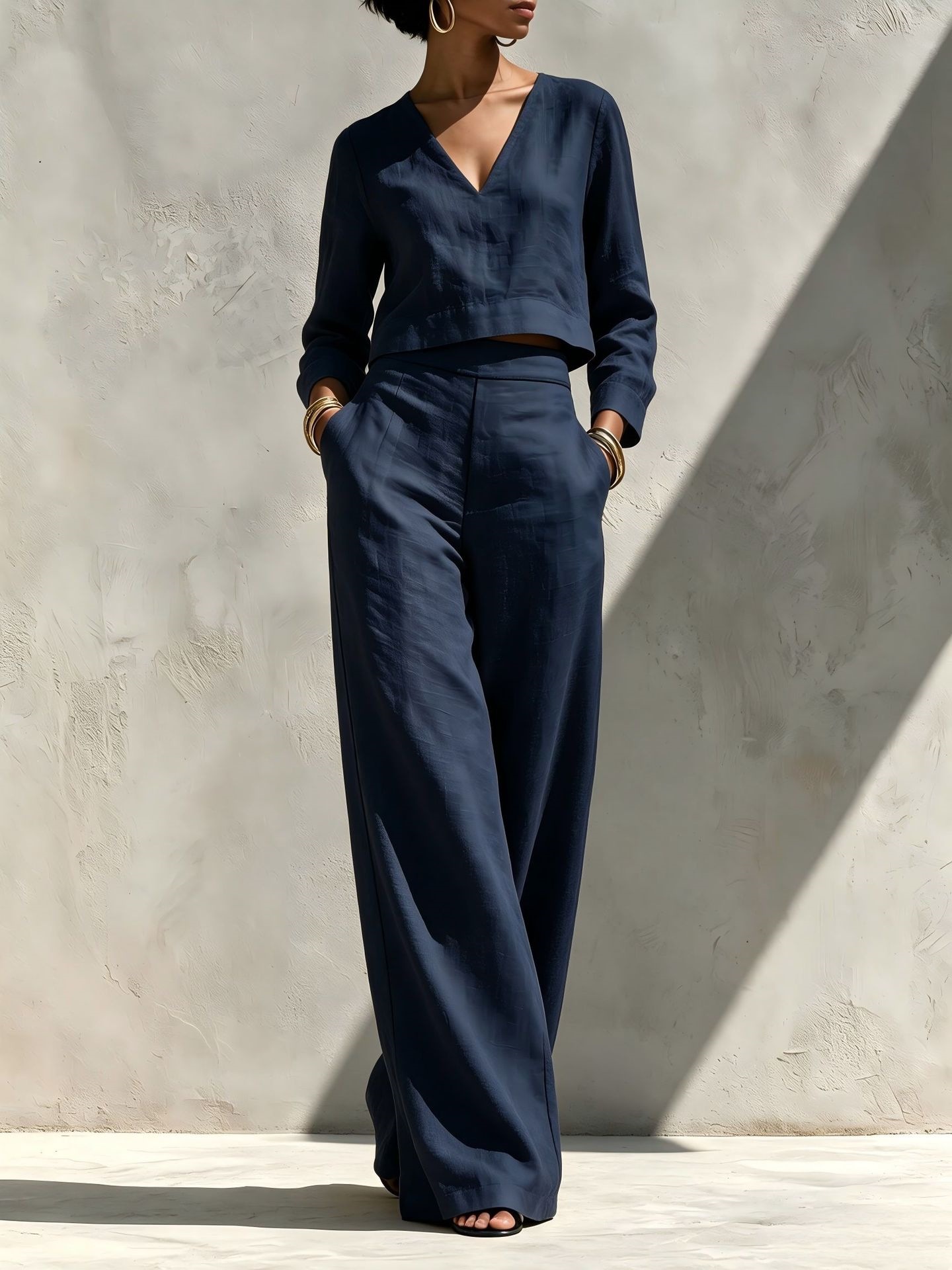 Women's Linen-Blend V-Neck Long-Sleeve Crop Top & High-Waist Wide-Leg Pants Set