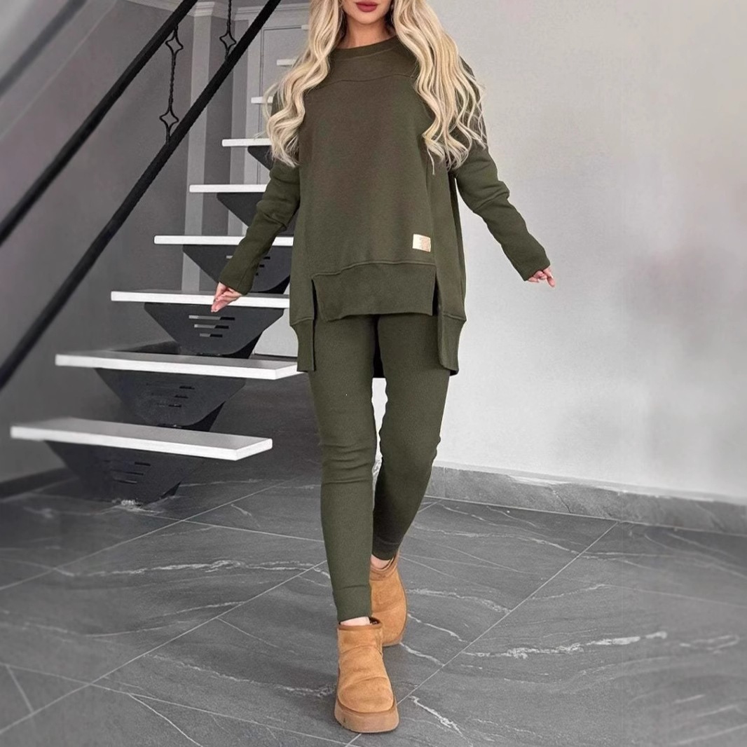 Women's Casual Solid Color German Velvet Long Sleeve Round Neck Slit Top Set
