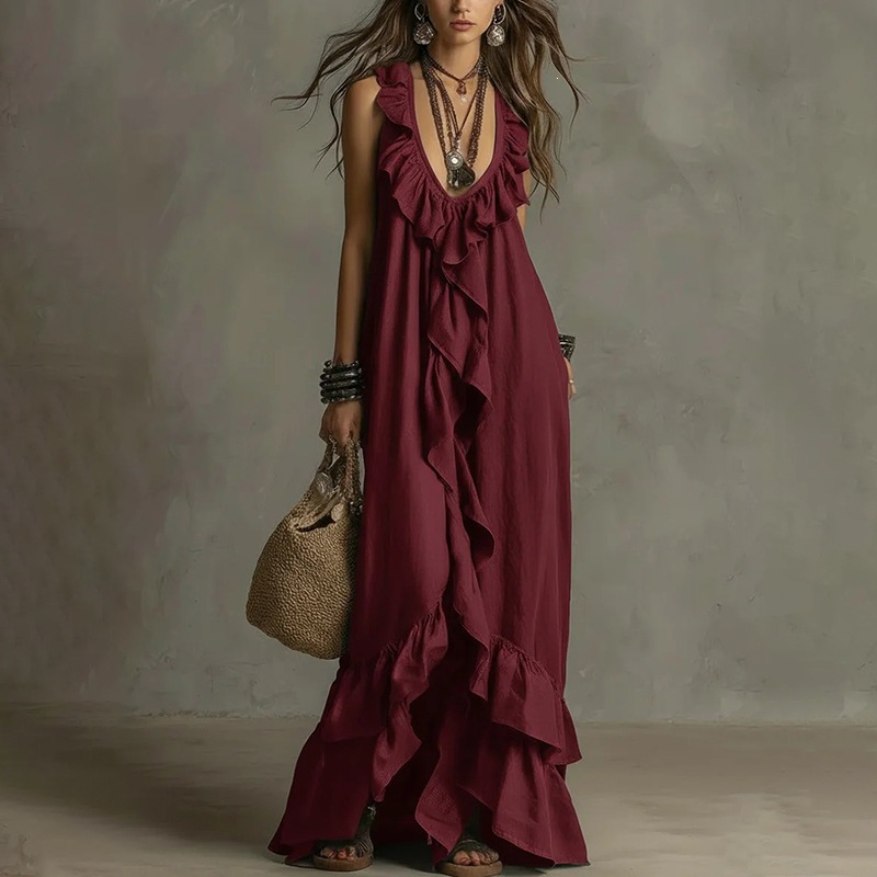 Women's Lace Trim A-Line Maxi Dress