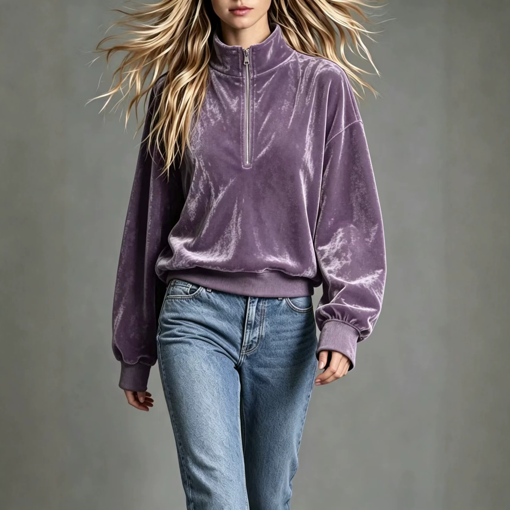 Women's Velvet Zip-Up Stand Collar Loose Long Sleeve Solid Color Casual Sweatshirt