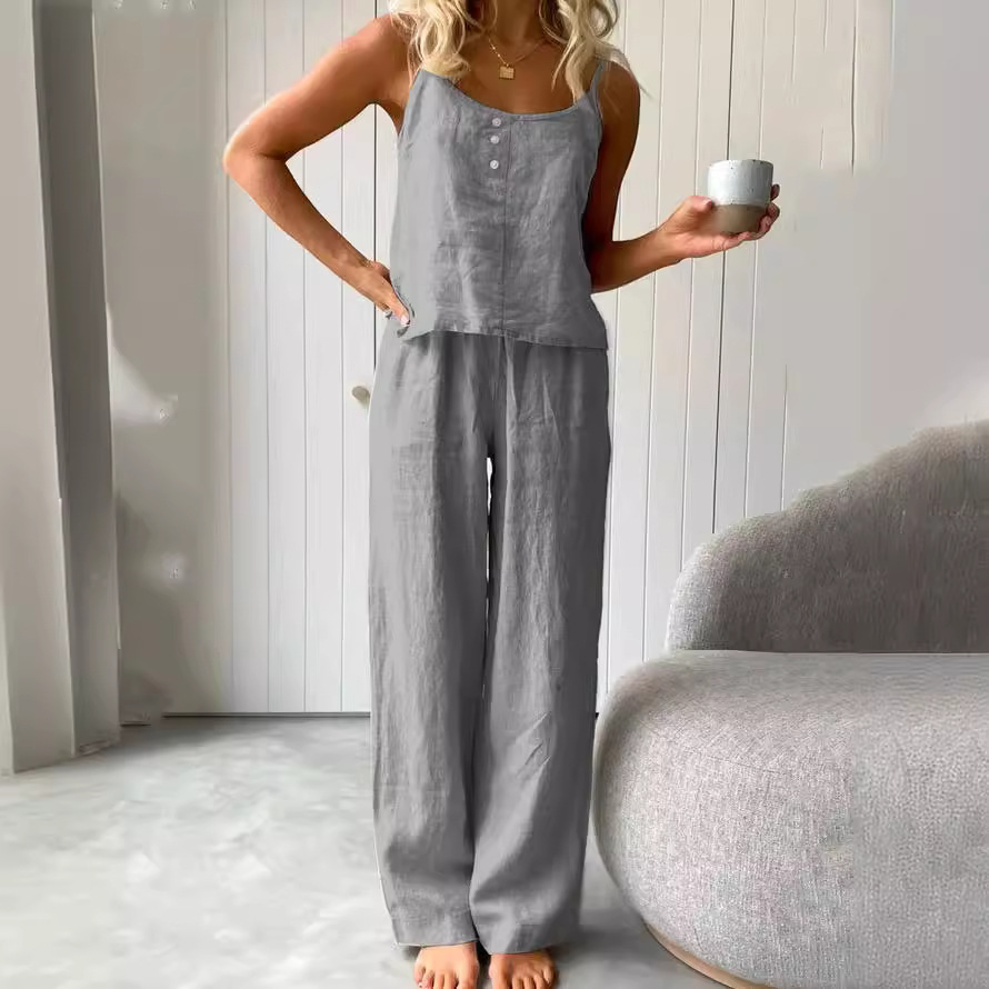 Cotton Linen Sleeveless Cami & Long Pants Two-Piece Set