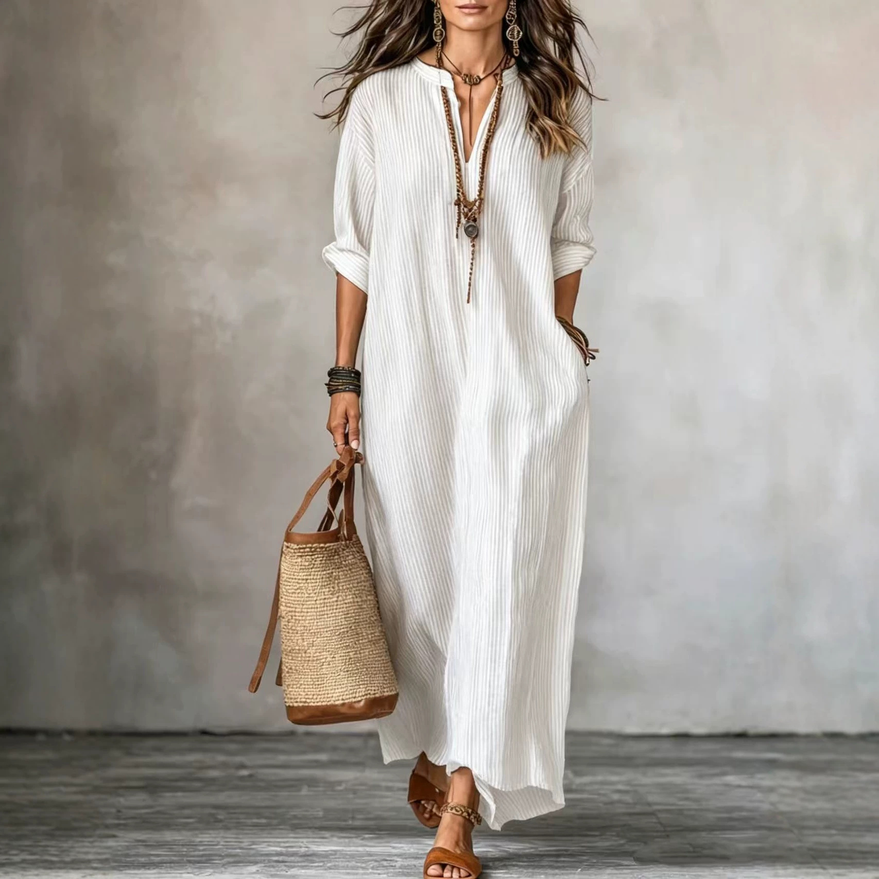 Women's Striped V-Neck Half-Sleeve Loose Midi Dress