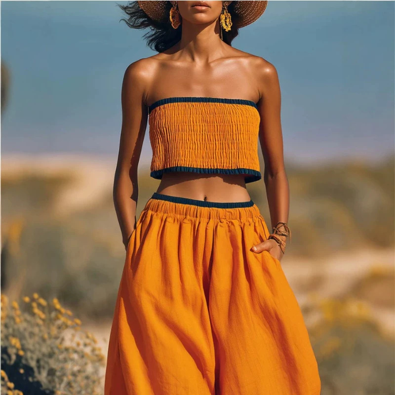 Orange Cotton-Linen Strapless Top and Pants Set