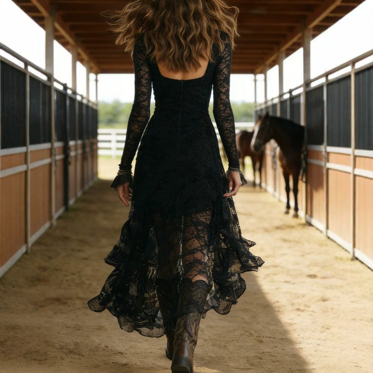 Solid Lace Square Neck High Waist Long Sleeve Midi Dress