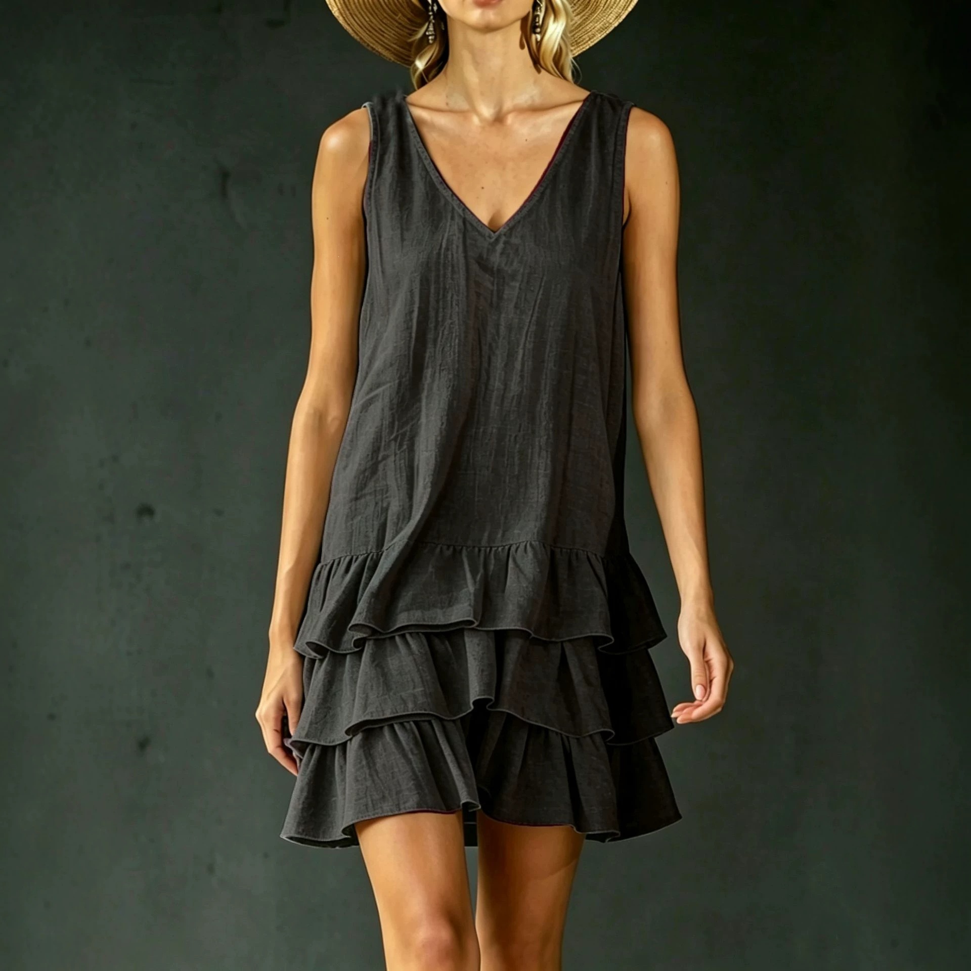 Women's V-Neck Sleeveless Midi Dress with Patchwork Detail