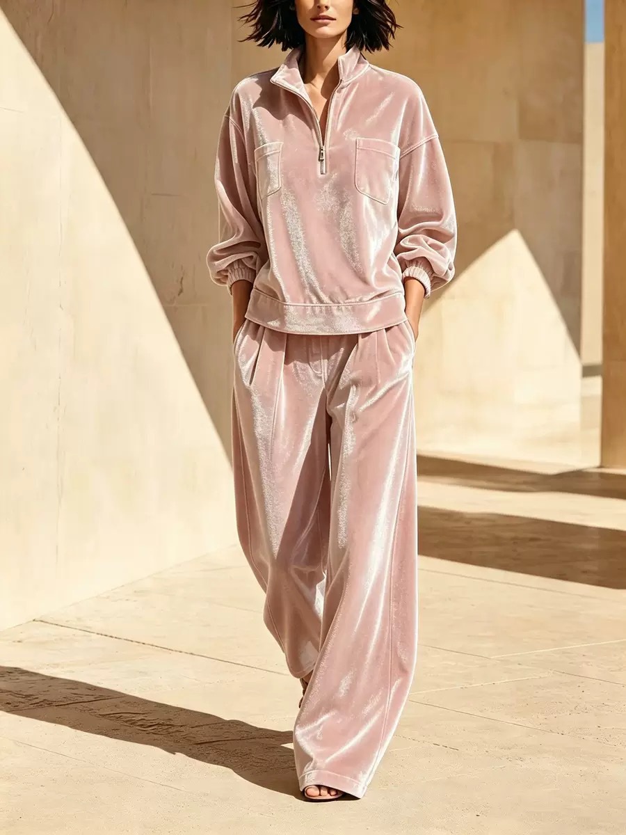 Velvet Lounge Set for Women Long Sleeve Half-Zip Top and Wide-Leg Pants Two-Piece
