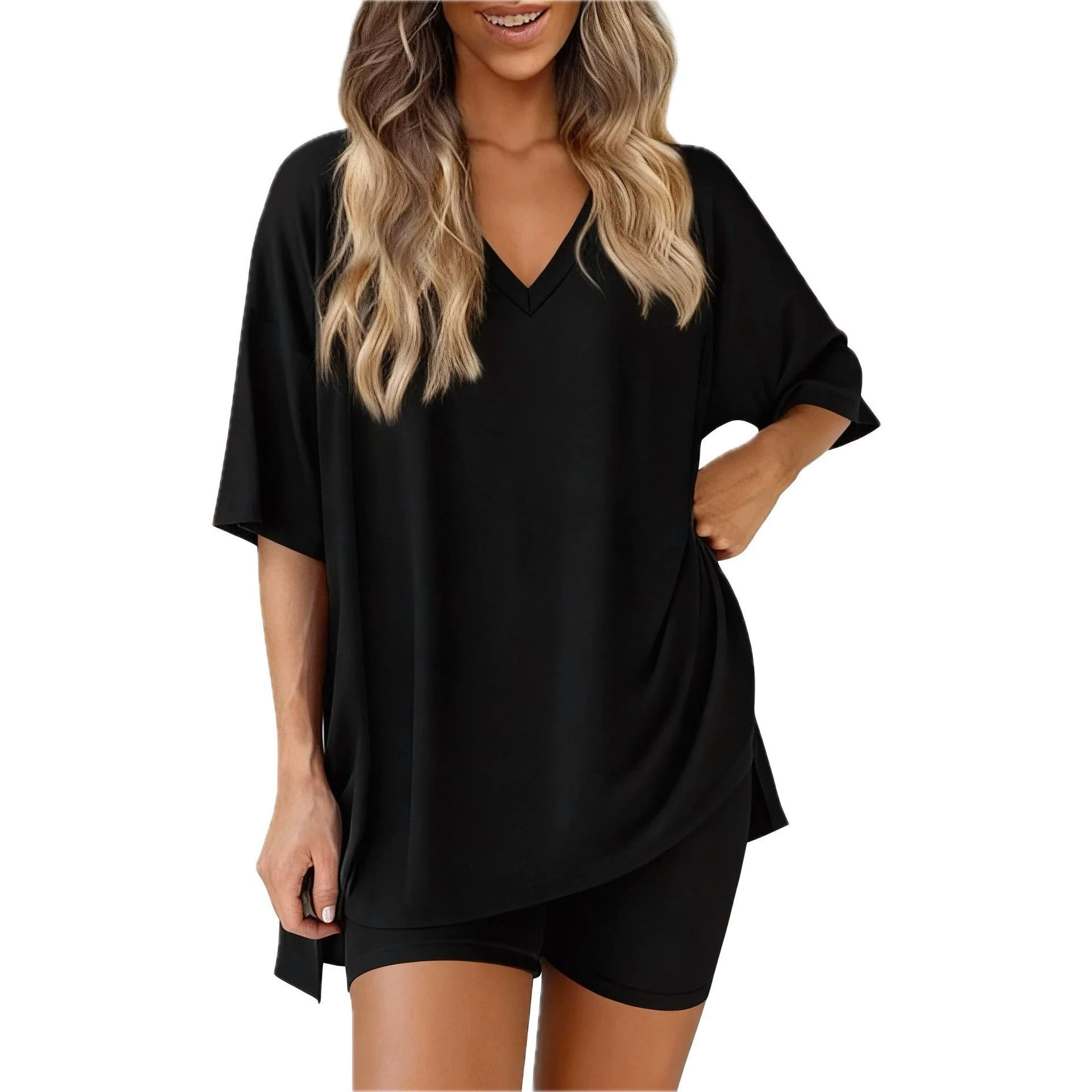 Women's V-Neck Solid Color Loose Pajama Set